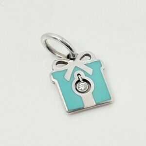 Tiffany & Co Diamond and Blue Enamel Gift Box Pendant or Charm in Silver